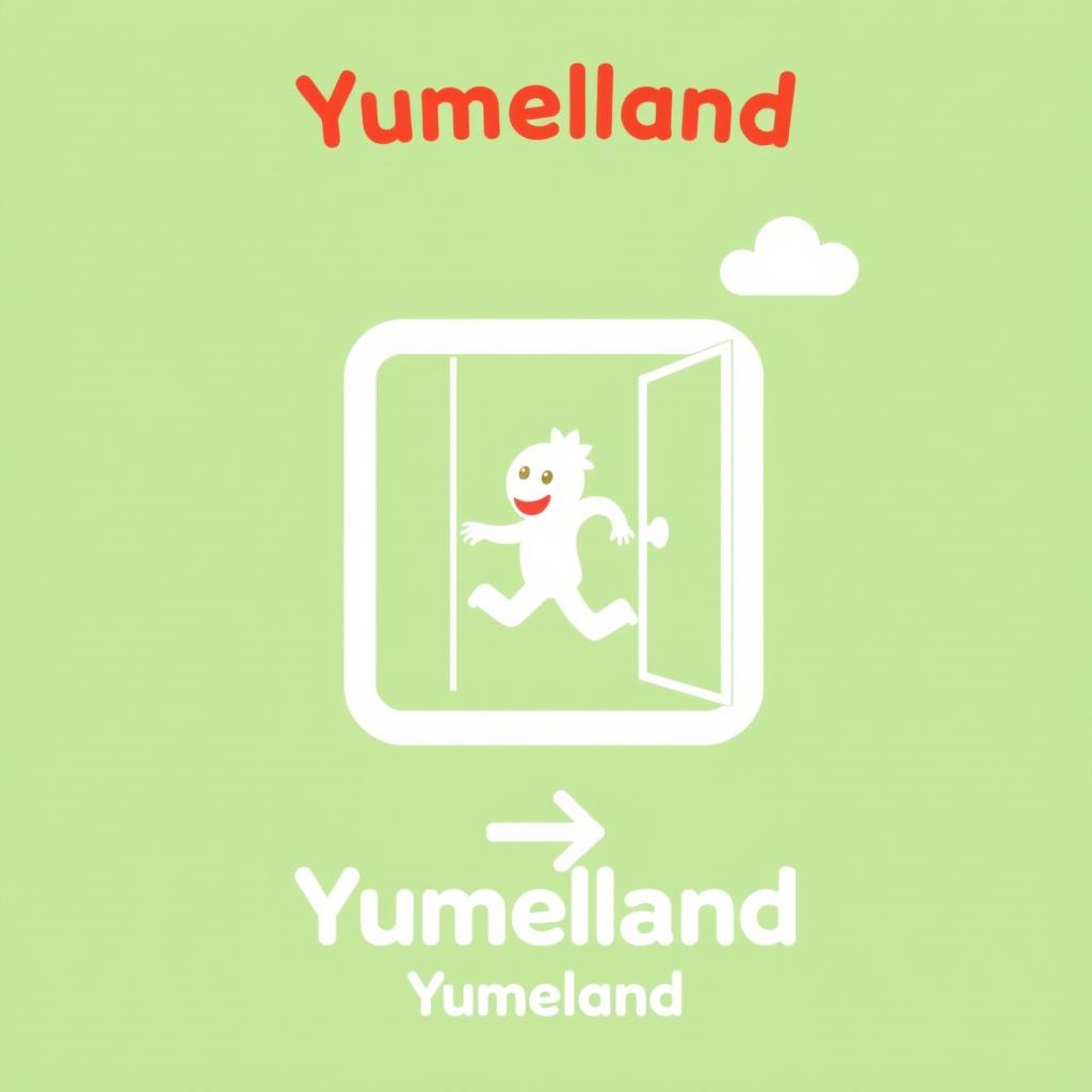 A creative emergency exit pictogram designed specifically for 'Yumeland', featuring whimsical and playful elements