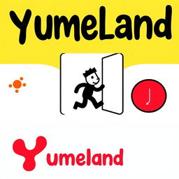 A creative emergency exit pictogram designed specifically for 'Yumeland', featuring whimsical and playful elements