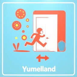 A creative emergency exit pictogram designed specifically for 'Yumeland', featuring whimsical and playful elements