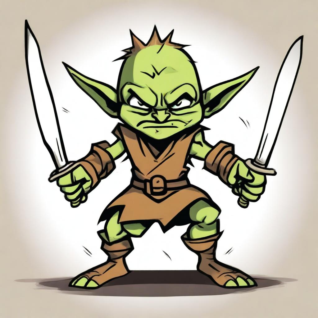 Crudely drawn goblin character dual wielding two swords in a defiant stance.