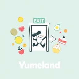 A fun and engaging emergency exit pictogram specifically designed for 'Yumeland', featuring bright colors and playful elements
