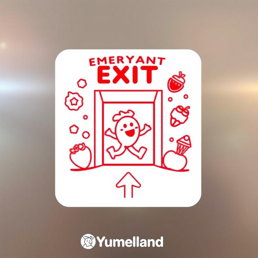 A fun and engaging emergency exit pictogram specifically designed for 'Yumeland', featuring bright colors and playful elements