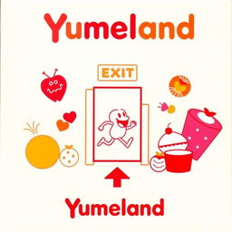 A fun and engaging emergency exit pictogram specifically designed for 'Yumeland', featuring bright colors and playful elements
