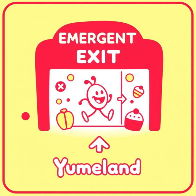 A fun and engaging emergency exit pictogram specifically designed for 'Yumeland', featuring bright colors and playful elements