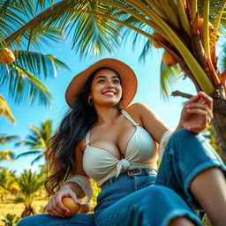 A stunning Indo-South Korean woman with large breasts, dressed in relaxed and stylish farmer attire, lounging in a luxurious oil palm plantation