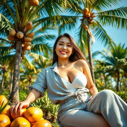 A stunning Indo-South Korean woman with large breasts, dressed in relaxed and stylish farmer attire, lounging in a luxurious oil palm plantation
