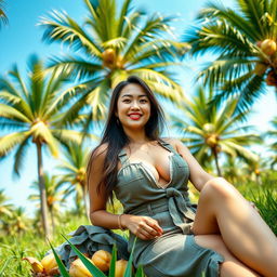 A stunning Indo-South Korean woman with large breasts, dressed in relaxed and stylish farmer attire, lounging in a luxurious oil palm plantation