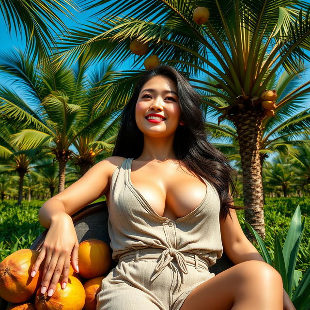 A stunning Indo-South Korean woman with large breasts, dressed in relaxed and stylish farmer attire, lounging in a luxurious oil palm plantation