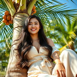 A stunning Indo-South Korean woman with large breasts, dressed in a stylish farmer outfit, exuding confidence and charm in a luxurious oil palm plantation