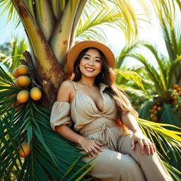 A stunning Indo-South Korean woman with large breasts, dressed in a stylish farmer outfit, exuding confidence and charm in a luxurious oil palm plantation