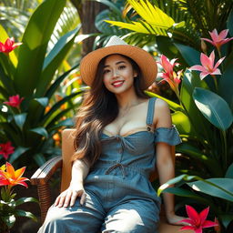 A gorgeous Indo-South Korean woman with large breasts, elegantly dressed in a casual yet stylish farmer's outfit, lounging comfortably in a luxurious tropical garden