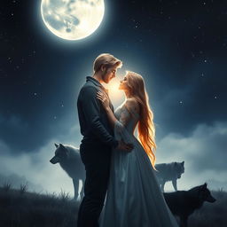 A romantic book cover featuring a couple with blonde hair embraced under a silvery moonlight