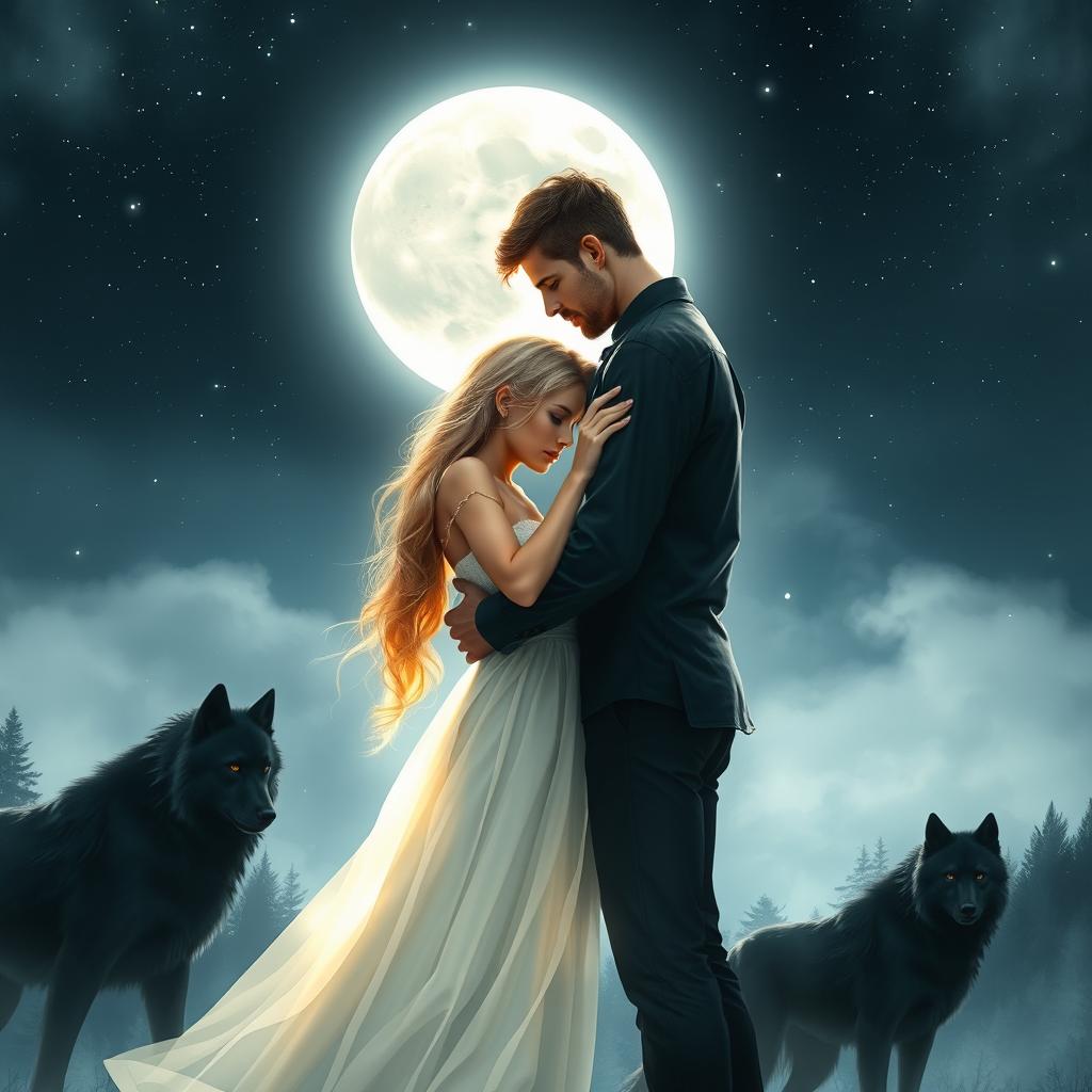 A romantic book cover featuring a couple with blonde hair embraced under a silvery moonlight