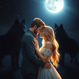 A romantic book cover featuring a couple with blonde hair embraced under a silvery moonlight