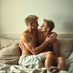 A romantic and intimate scene depicting two young gay blond men making love, showcasing their expressions of love and connection