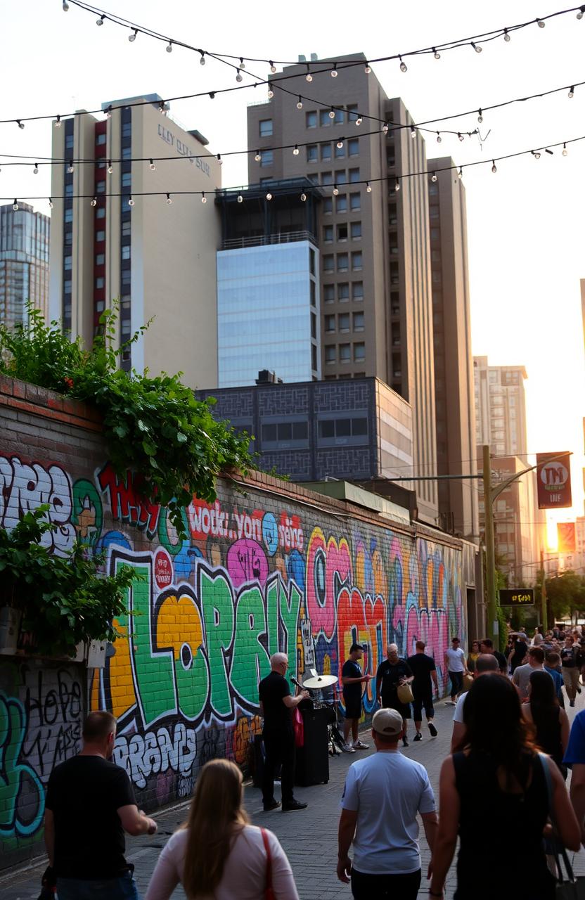 A vibrant urban scene showcasing a colorful mural painted on a brick wall, with diverse street art styles blending together, featuring graffiti artists at work, lively street performers, and a crowd of people enjoying the atmosphere