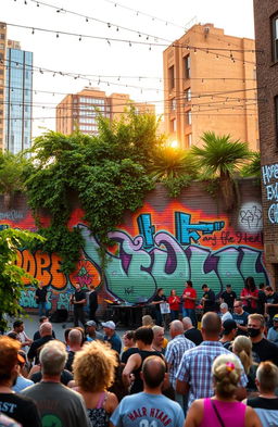 A vibrant urban scene showcasing a colorful mural painted on a brick wall, with diverse street art styles blending together, featuring graffiti artists at work, lively street performers, and a crowd of people enjoying the atmosphere