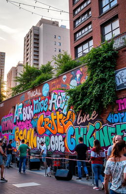 A vibrant urban scene showcasing a colorful mural painted on a brick wall, with diverse street art styles blending together, featuring graffiti artists at work, lively street performers, and a crowd of people enjoying the atmosphere