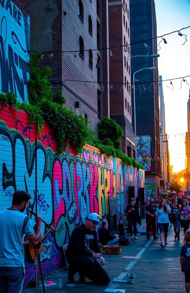 A vibrant urban scene showcasing a colorful mural painted on a brick wall, with diverse street art styles blending together, featuring graffiti artists at work, lively street performers, and a crowd of people enjoying the atmosphere