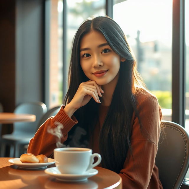 A beautiful Korean woman sitting at a cozy cafe table, enjoying her morning coffee