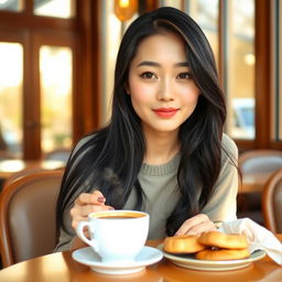 A beautiful Korean woman sitting at a cozy cafe table, enjoying her morning coffee