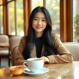 A beautiful Korean woman sitting at a cozy cafe table, enjoying her morning coffee