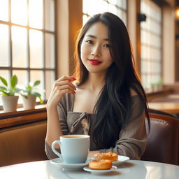 A beautiful Korean woman sitting at a cozy cafe table, enjoying her morning coffee