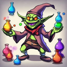 Crudely drawn goblin alchemist, amusingly juggling a myriad of vividly colored potions, while giggling and laughing vibrantly