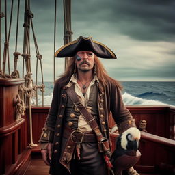 A classic pirate with a weathered tricorn hat, eye patch, and a parrot on his shoulder, standing on the deck of a wooden pirate ship.