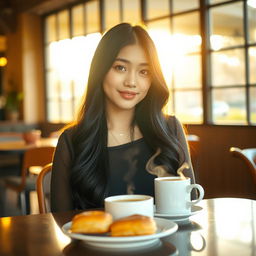 A beautiful Korean woman sitting at a cozy cafe table, enjoying her morning coffee