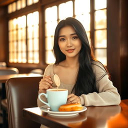 A beautiful Korean woman sitting at a cozy cafe table, enjoying her morning coffee