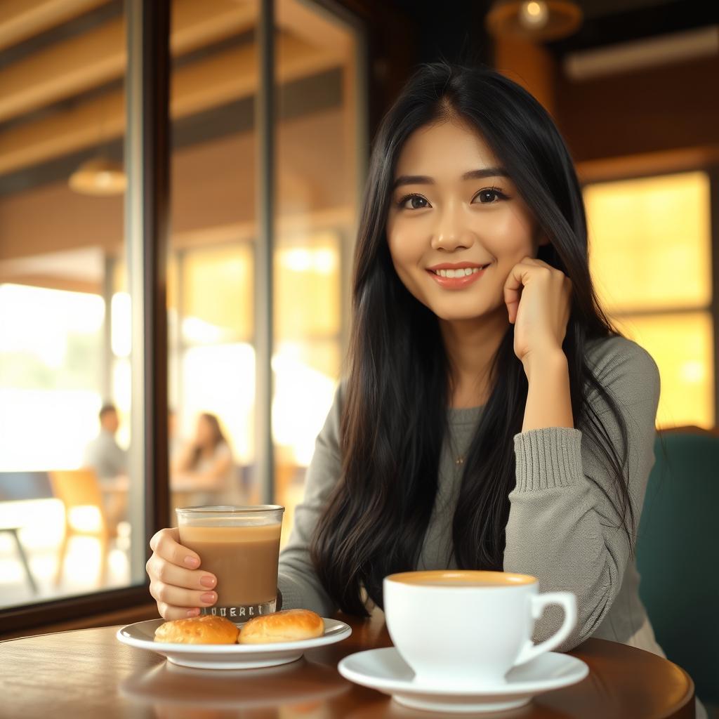 A beautiful Korean woman sitting at a cozy cafe table, enjoying her morning coffee