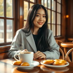 A beautiful Korean woman sitting at a cozy cafe table, enjoying her morning coffee