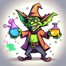 Crudely drawn goblin alchemist, amusingly juggling a myriad of vividly colored potions, while giggling and laughing vibrantly