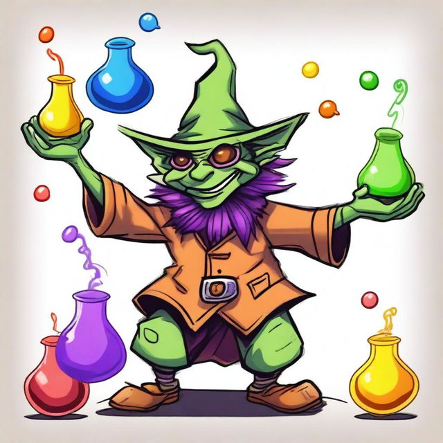 Crudely drawn goblin alchemist, amusingly juggling a myriad of vividly colored potions, while giggling and laughing vibrantly