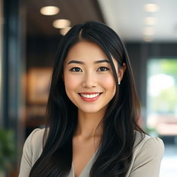 A beautiful portrait of an Asian woman, approximately 35 years old, with elegant features and a warm smile