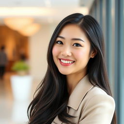 A beautiful portrait of an Asian woman, approximately 35 years old, with elegant features and a warm smile