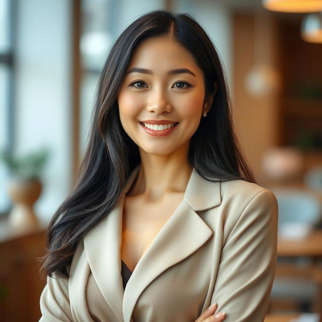 A beautiful portrait of an Asian woman, approximately 35 years old, with elegant features and a warm smile