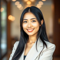 A beautiful portrait of an Asian woman, approximately 35 years old, with elegant features and a warm smile