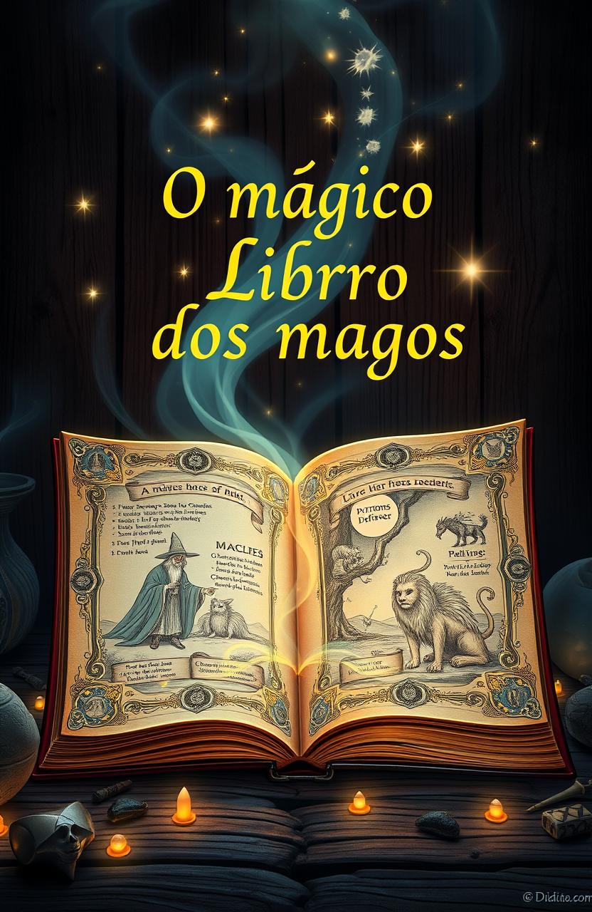 A beautifully illustrated magical book titled "O mágico Livro dos magos", featuring ornate designs on the cover with sparkling magical symbols and a mystical aura surrounding it