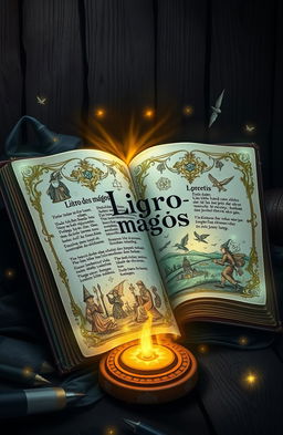 A beautifully illustrated magical book titled "O mágico Livro dos magos", featuring ornate designs on the cover with sparkling magical symbols and a mystical aura surrounding it