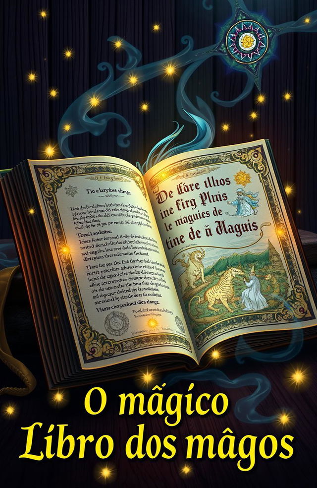 A beautifully illustrated magical book titled "O mágico Livro dos magos", featuring ornate designs on the cover with sparkling magical symbols and a mystical aura surrounding it