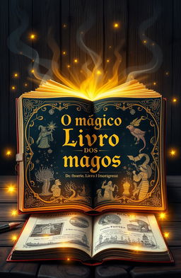 A beautifully illustrated magical book titled "O mágico Livro dos magos", featuring ornate designs on the cover with sparkling magical symbols and a mystical aura surrounding it