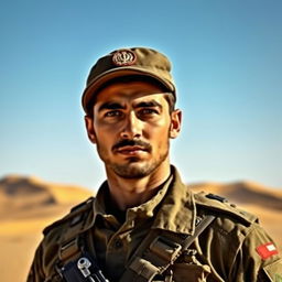 A portrait of an Iranian soldier in full uniform, standing proudly in a desert landscape