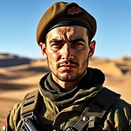 A portrait of an Iranian soldier in full uniform, standing proudly in a desert landscape