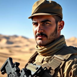 A portrait of an Iranian soldier in full uniform, standing proudly in a desert landscape