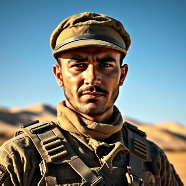 A portrait of an Iranian soldier in full uniform, standing proudly in a desert landscape