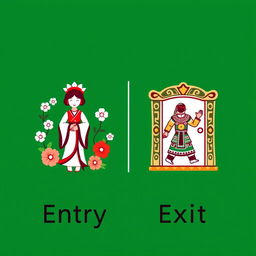 A visually appealing pictogram representing both entry and exit signs with a blend of Asian and Peruvian themes