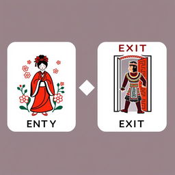 A visually appealing pictogram representing both entry and exit signs with a blend of Asian and Peruvian themes