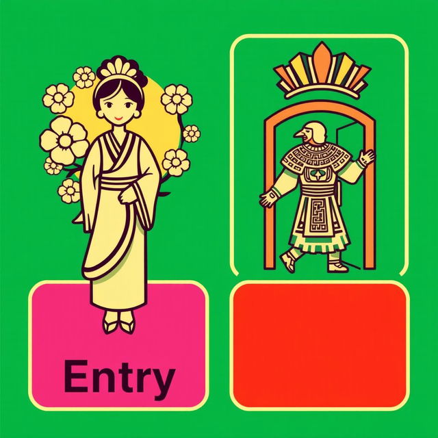 A visually appealing pictogram representing both entry and exit signs with a blend of Asian and Peruvian themes